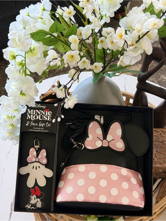 Disney Handbags - DISNEY Crossbody White Polka Dot Bow With bag Charm 2 pc Set